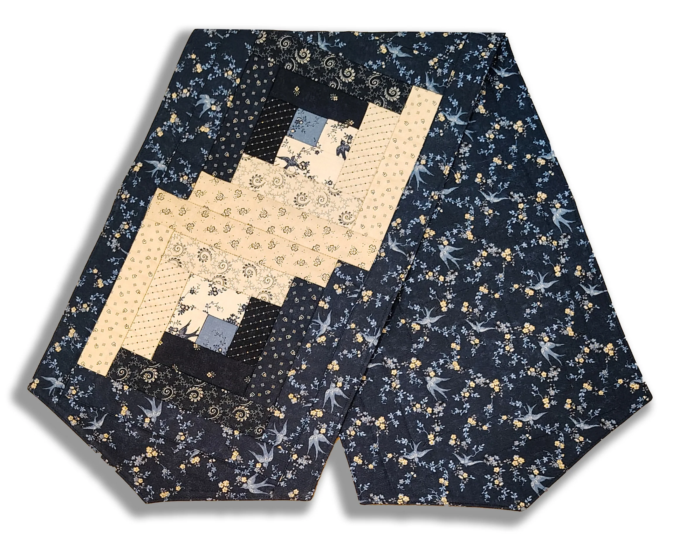 Fully FINISHED Log Cabin Table Runner - Moda - Bluebird's Nest - Navy