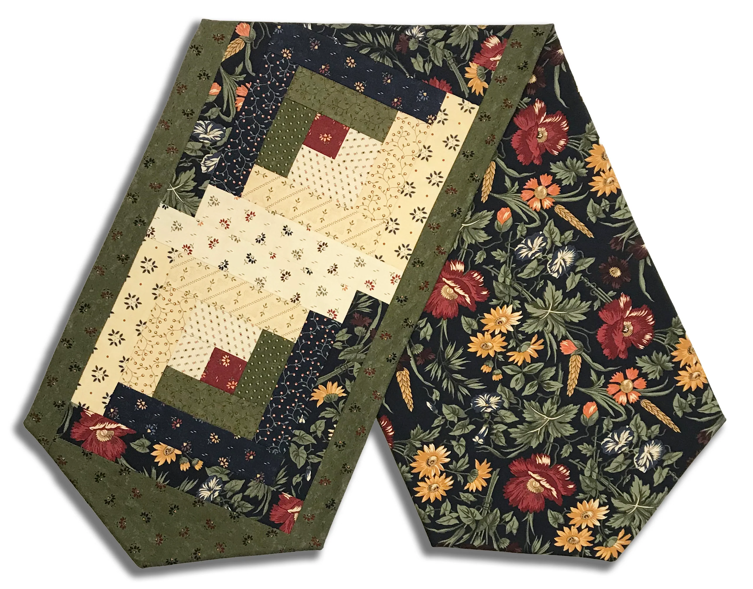 Fully FINISHED Log Cabin Table Runner - Wheatland - Navy & Beige